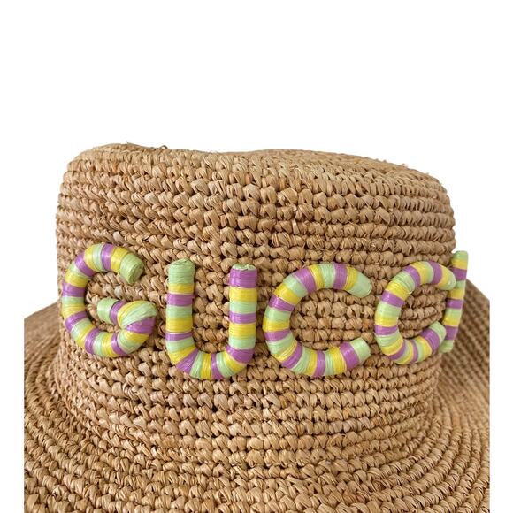 Gucci Logo Straw Raffia Multicolor Patch Hat Medium 57 Womens - Picture 6 of 10